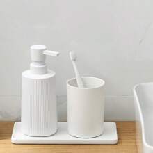 1 pieza Dispensador de jabón blanco a rayas moderno, dispensador de botella de jabón líquido de plástico con forma redonda, ideal para uso en baño y cocina, decoración del hogar, decoración de otoño, de vuelta a la escuela - Blanco - Ver 3