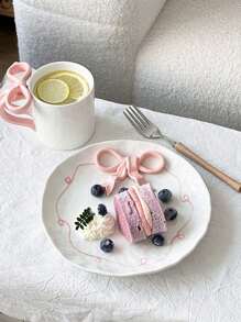 1 pieza Plato de servir de cerámica con relieve de lazo de alta calidad, plato para desayuno, pasta, ensalada para realzar la sensación hogareña