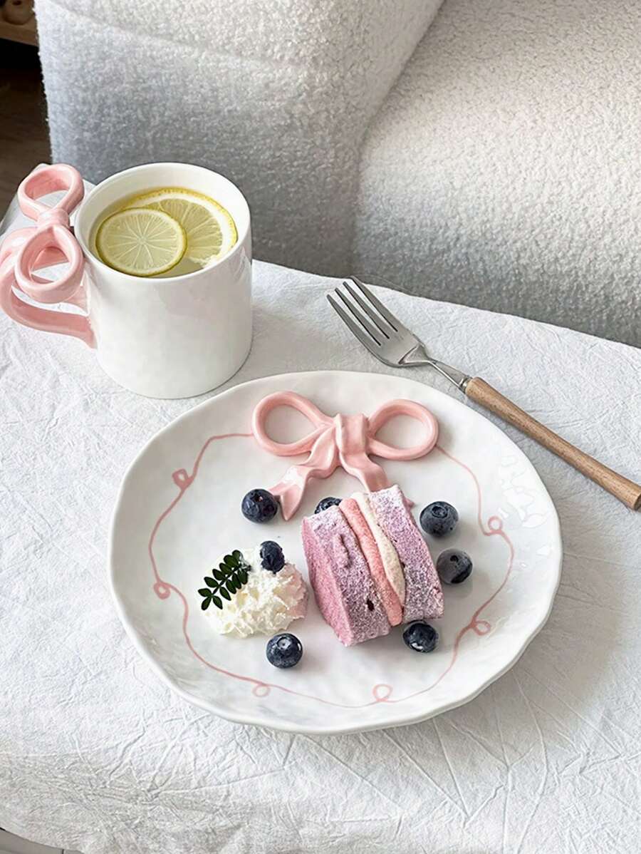 1 pieza Plato de servir de cerámica con relieve de lazo de alta calidad, plato para desayuno, pasta, ensalada para realzar la sensación hogareña