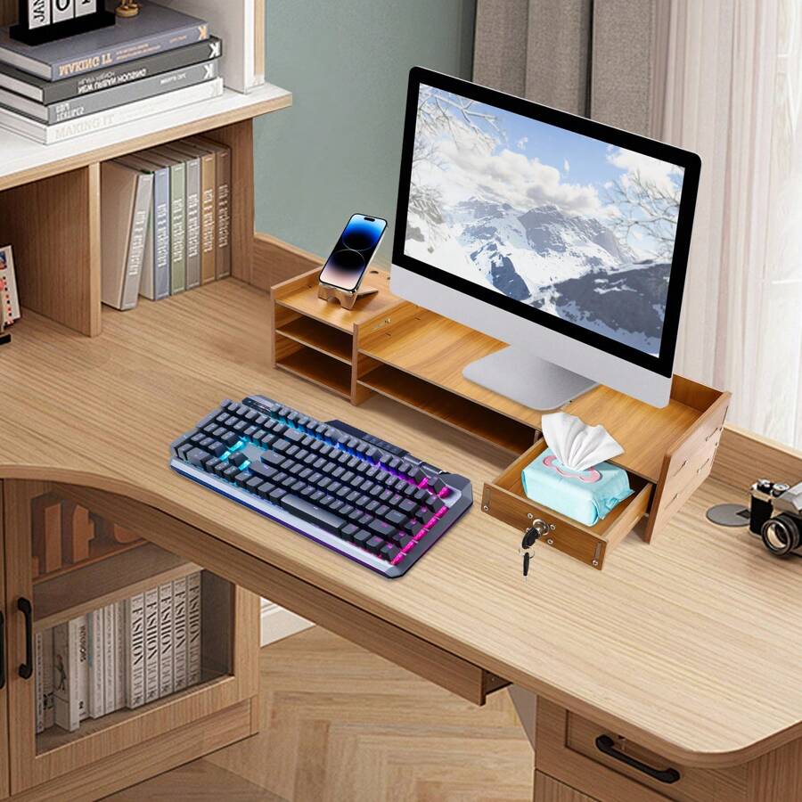 Computer Monitor Stand, Computer Rack With Drawers, Monitor Stand - Ginger - View 1