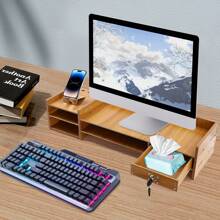 Computer Monitor Stand, Computer Rack With Drawers, Monitor Stand - Ginger - View 3