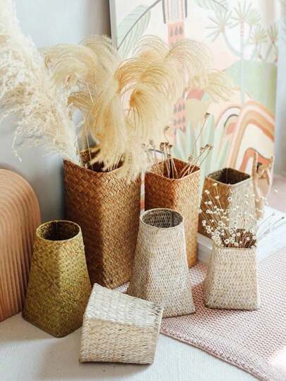 7.8*4.9 Inch Woven Vase Natural Straw Vase Woven Large Floor Decoration Living Room Floor Handmade Flower Stand Large Dried Plant Pot Flower Arrangement Vase Office Makeup Brush Gifts Birthday Graduation Home Decor Room Decor Flower Vase Glass Vase