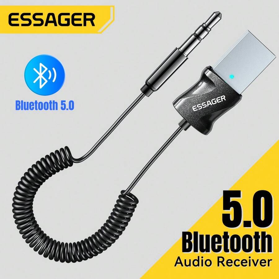 ESSAGER 车载蓝牙适配器 AUX 转 USB 蓝牙 5.0 接收器无线音频传输110CM 数据线 - 黑色 - 查看 1