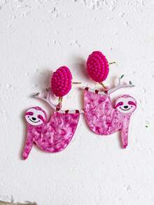 亚克力趣味可爱树懒个性手工种子串珠耳钉，紫色动物吊坠耳环，适合女士和女孩，秋季海滩派对夏季礼物 - 紫色樹懶 - 查看 2