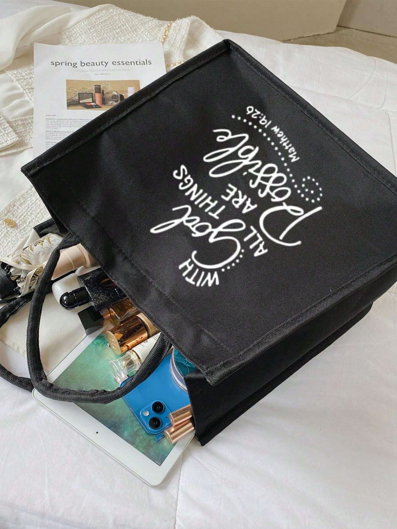 2pcs/Set Christian Themed Black Tote Bag And Makeup Pouch Set, Vacation