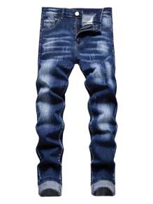 Tween Boy's Classic Fashionable Versatile Washed Denim Jeans With Pockets - Dark Wash - View 1