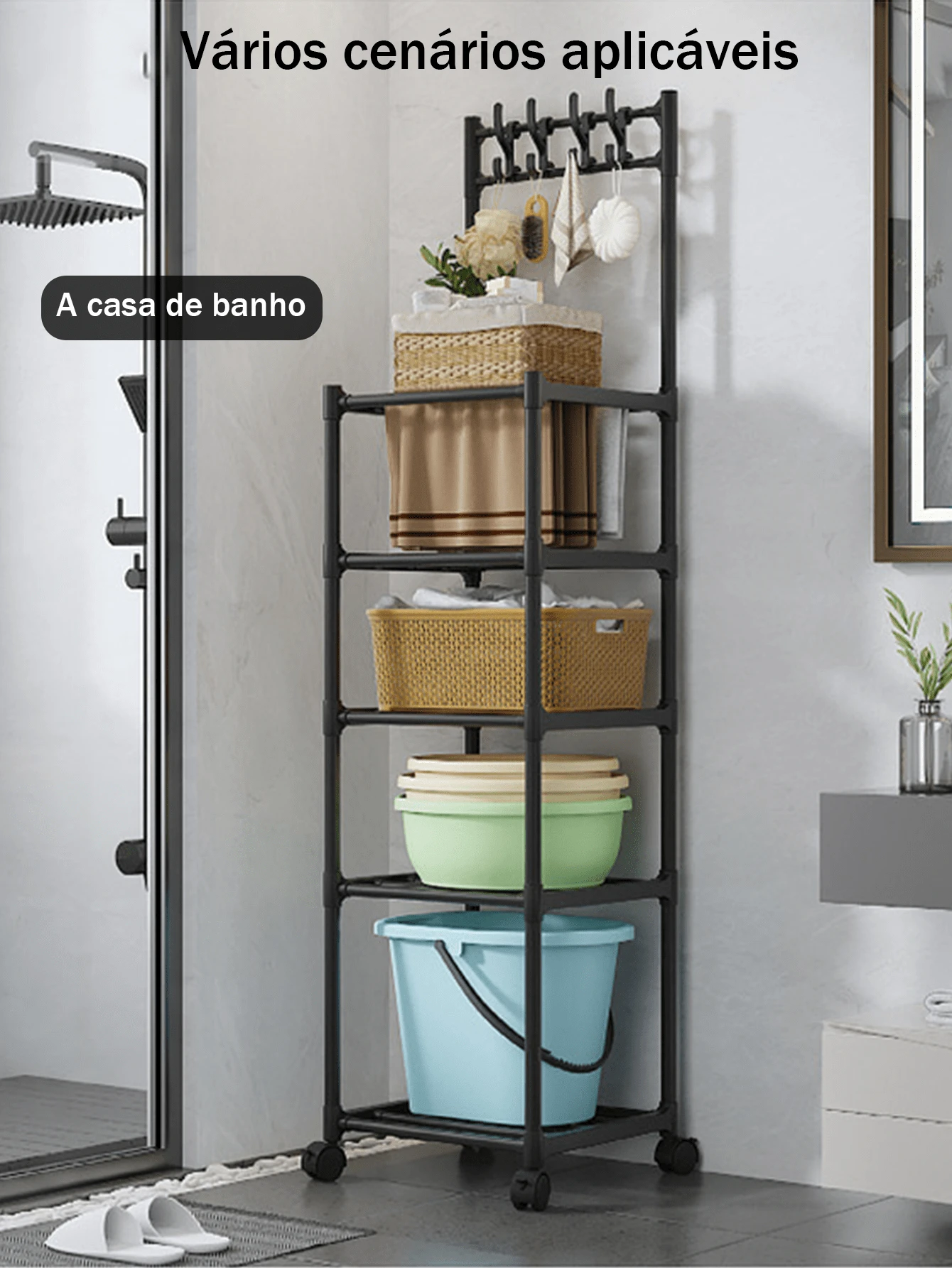 5 Tiers Kitchen Storage Rack, Removable Stainless Steel Storage Rack With Locking Roller - màu đen - Xem 1