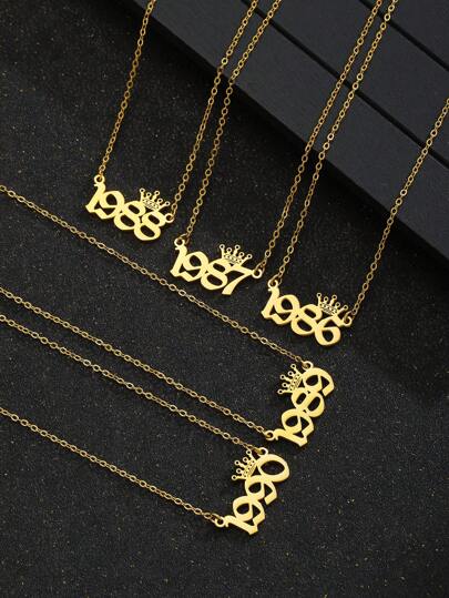 1pc Fashionable Stainless Steel Gold-Color Year Letter Pendant Necklace, Suitable As Birthday Gift For Teenagers, Everyday Wear