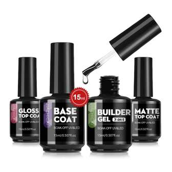 15ml 免擦拭透明光泽凝胶面漆底漆 7 合 1 构建凝胶哑光面漆 - 光泽效果持久，可浸泡指甲灯凝胶指甲油入门套装。