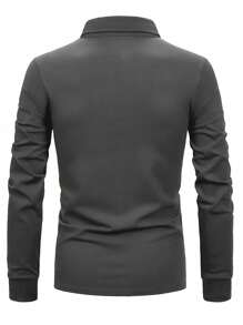 Men's Contrast Plaid Long Sleeve Polo Shirt - Dark Grey - View 3