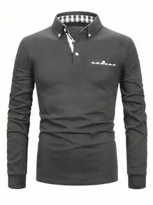 Men's Contrast Plaid Long Sleeve Polo Shirt - Dark Grey - View 2
