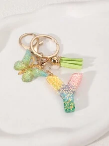 1pc Creative Letter Resin Drop Keychain With Butterfly Tassel Pendant For Girls - Multicolor - View 30