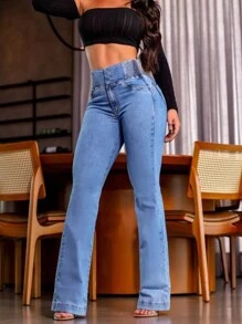 Back Shirred Button Front High Waist Jeans - Baby Blue - View 3