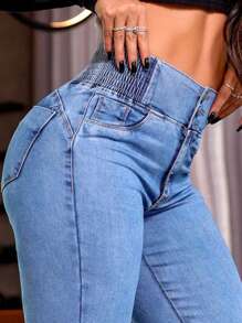 Back Shirred Button Front High Waist Jeans - Baby Blue - View 4