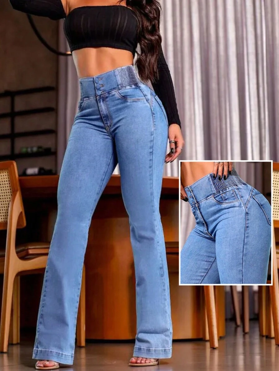 Back Shirred Button Front High Waist Jeans - Baby Blue - View 1