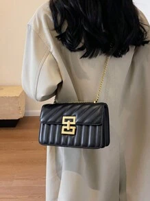 Minimalist Metal Decor Chain Shoulder Bag, Elegant PU Crossbody Bag, Flap Shoulder Bag, Women's Fashion Handbag & Phone Pouch - Black - View 5