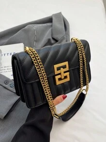 Minimalist Metal Decor Chain Shoulder Bag, Elegant PU Crossbody Bag, Flap Shoulder Bag, Women's Fashion Handbag & Phone Pouch - Black - View 6