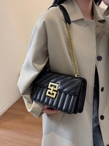 Minimalist Metal Decor Chain Shoulder Bag, Elegant PU Crossbody Bag, Flap Shoulder Bag, Women's Fashion Handbag & Phone Pouch - Black - View 2