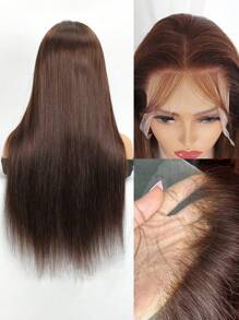 4# Chocolate Dark Brown Brazilian Lace Front Wig Silky Straight Remy Human Hair 13x4 Transparent Lace Frontal Wigs For Women 180% Density Pre Plucked Natural Hairline Tiny Invisible Knots