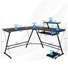 L-Shaped Computer Desk W/ Movable Host Stand, Home Office Corner Workstation W/ Removable Monitor Shelf & Pull-Out Keyboard Tray, Study Writing Gaming Desk, Black - Black - View 2