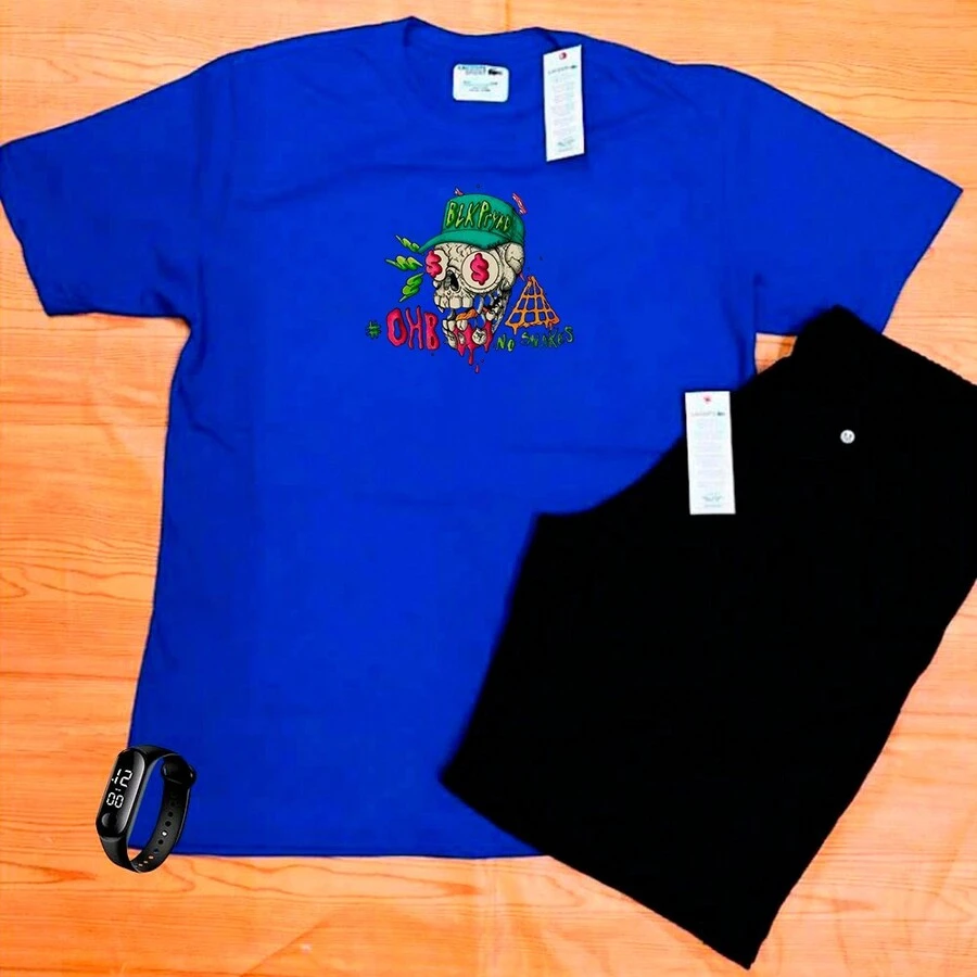 Cotton T-Shirt Set, Tactel Shorts, Skull, Watch, Gift - Xanh đậm - Xem 1