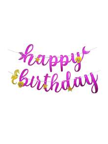 海洋主题美人鱼风格生日快乐横幅，闪光蓝/玫瑰红/银色/激光拉旗，适用于生日派对装饰，个性化派对墙壁背景用品 - 彩色 - 查看 8
