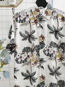 Floral Hawaiian Beach Shirt Summer Men's Short Sleeve Button Down 100% Viscose Fabric Shrinks A Little - Verde - Ver 3