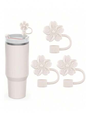 Cup Lid And Straw Set, Cute Flower Shaped Straw Topper Compatible With 30&40 Oz Tumbler, Silicone Straw Cover For Home And Party Decor, Beige