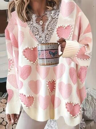 Women's Autumn/Winter Heart Pattern Lace Studded Beaded Loose Casual Sweater