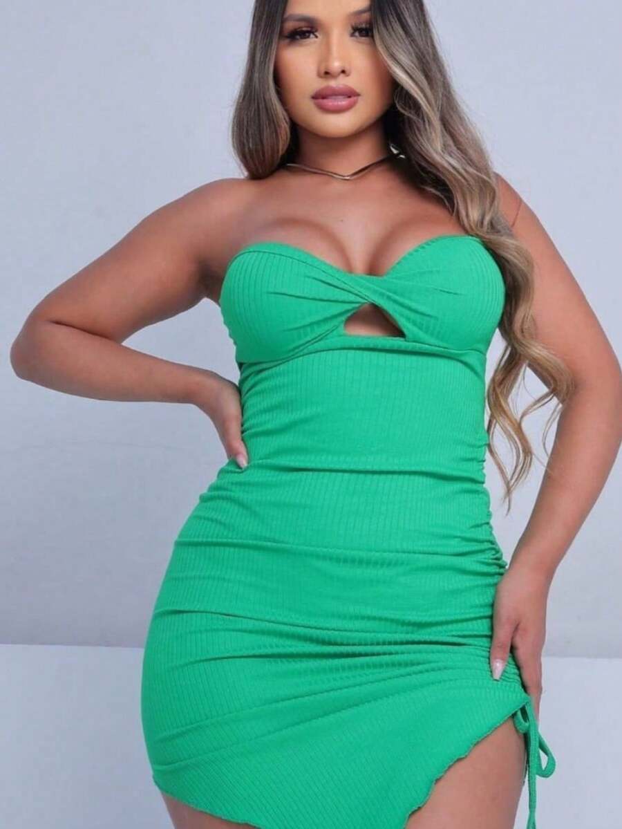 Sofi Women's Fashion Dress Short Midi Strapless Slit Ribbed Tube Dress Side  Elegant - 查看 1