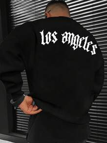 Herrtröja med Los Angeles-motiv och texttryck, avslappnad pendling, mångsidig, emo-stil, 2000-talsstil, för hösten, långärmad topp - Svart - Visa 1