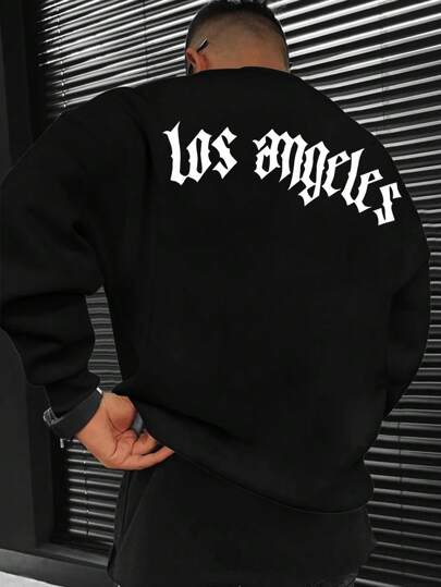 Herrtröja med Los Angeles-motiv och texttryck, avslappnad pendling, mångsidig, emo-stil, 2000-talsstil, för hösten, långärmad topp