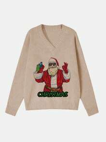 Boho V-Neck Christmas Print Casual Loose Knit Pullover Top