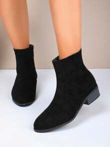 女士新款切尔西踝靴，适合春秋季穿着，粗跟简约设计，侧拉链，轻便透气，时尚百搭，适合日常休闲穿着。 - 黑色 - 查看 3