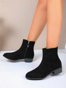 女士新款切尔西踝靴，适合春秋季穿着，粗跟简约设计，侧拉链，轻便透气，时尚百搭，适合日常休闲穿着。 - 黑色 - 查看 4