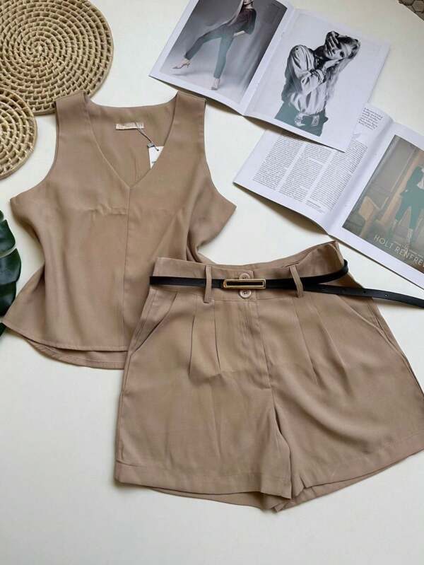 Conjunto marrant feminino de camiseta sem mangas e shorts com cinto
