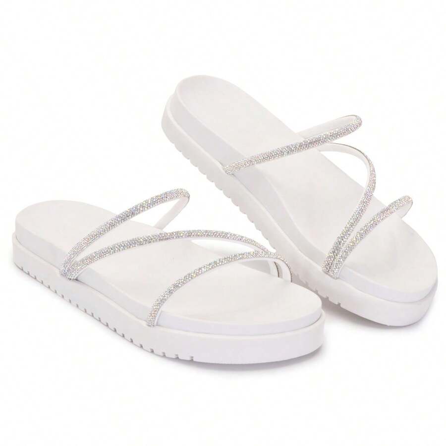 Sandal 3 Straps Shiny Rhinestone Women's Flip Flops Fashion Bloggers. - trắng - Xem 1