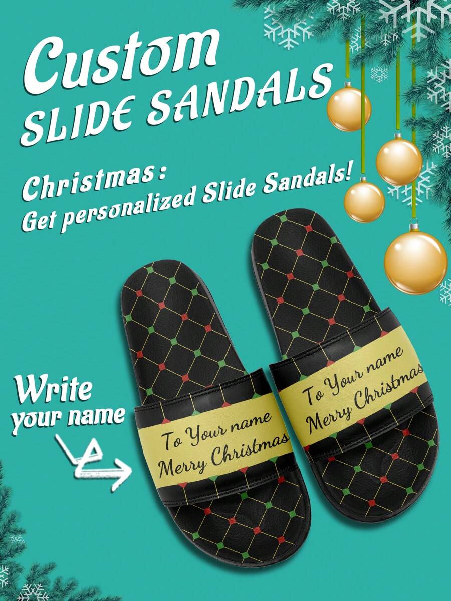 1 Pair Christmas Name Custom Slide Sandals, Personalized Santa Photo Slide Sandals, Custom Name Christmas Hat Thick Sole Slide Sandals, Personalized Slide Sandals, Photo Slide Sandals, Personalized Slide Sandals For Women And Men, Personalized Slide Sandals, Christmas Gift For Mom/Dad/Her/Him/Girlfriend/Boyfriend/Wife/Husband/Friend - Black - View 1