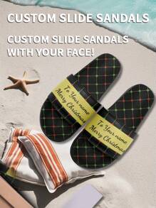 1 Pair Christmas Name Custom Slide Sandals, Personalized Santa Photo Slide Sandals, Custom Name Christmas Hat Thick Sole Slide Sandals, Personalized Slide Sandals, Photo Slide Sandals, Personalized Slide Sandals For Women And Men, Personalized Slide Sandals, Christmas Gift For Mom/Dad/Her/Him/Girlfriend/Boyfriend/Wife/Husband/Friend - Black - View 5