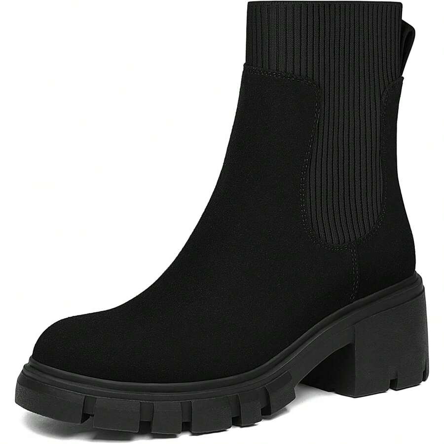 Athlefit Women's Chelsea Platform Ankle Boots Elastic Chic Comfort Chunky Heel Lug Sole Booties - 02đen - Xem 1