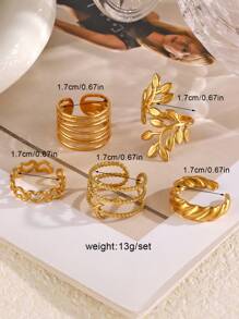 5 peças/conjunto de anéis abertos de aço inoxidável com linha de folhas elegantes, adequados para uso diário feminino
