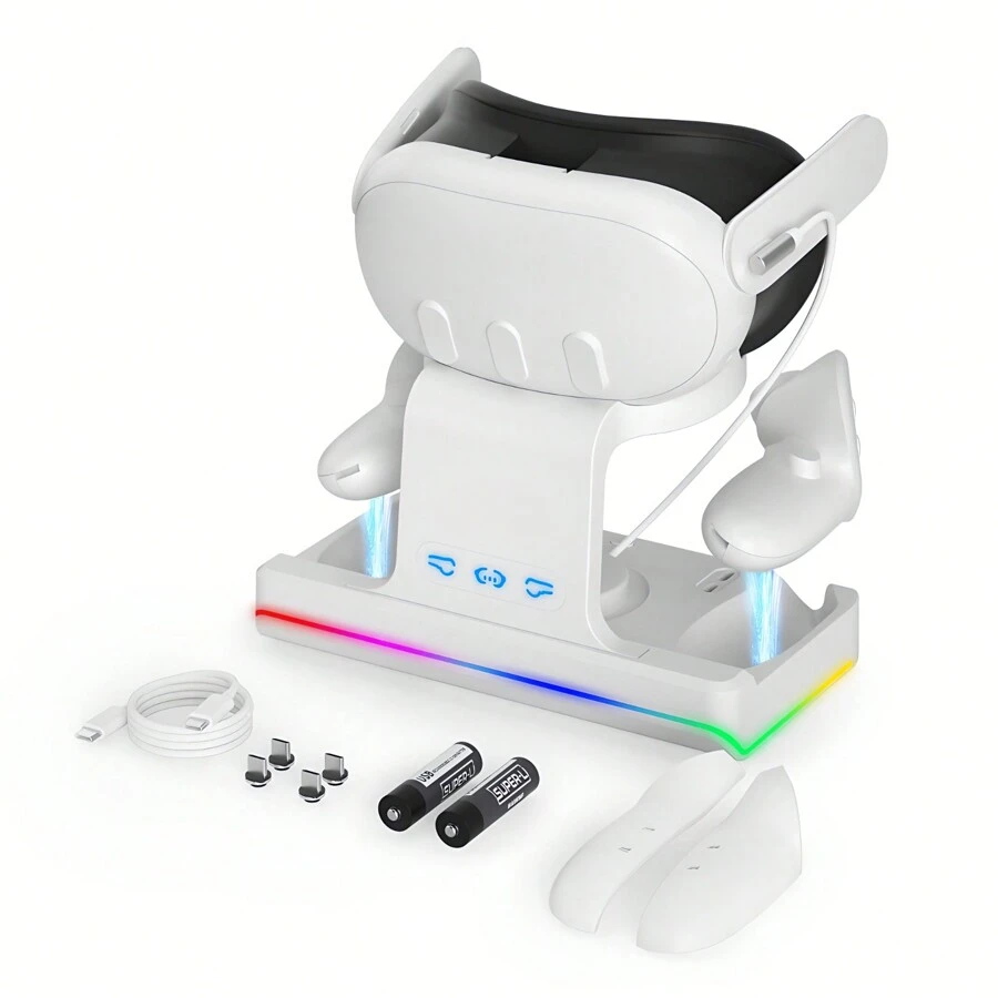 VR Headset & Controllers Wireless Charging Stand With RGB LED Light 2 Rechargeable Batteries For Meta Quest 3