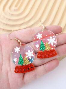 1 Cặp bông tai hình quả cầu pha lê trong suốt in hình bông tuyết bằng Acrylic hình cây thông Noel, Bông tai dễ thương lấp lánh Quà tặng ngày lễ - quả cầu pha lê giáng sinh - Xem 4