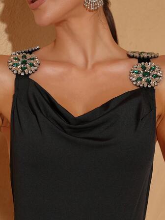 Modphy Novo Vestido Longo com Decote Nas Costas Sem Manga Ajustado, Decoração de Strass de Luxo, Vestido de Gala Elegante de Festa, Formatura, Feriado e Casamento para Mulheres