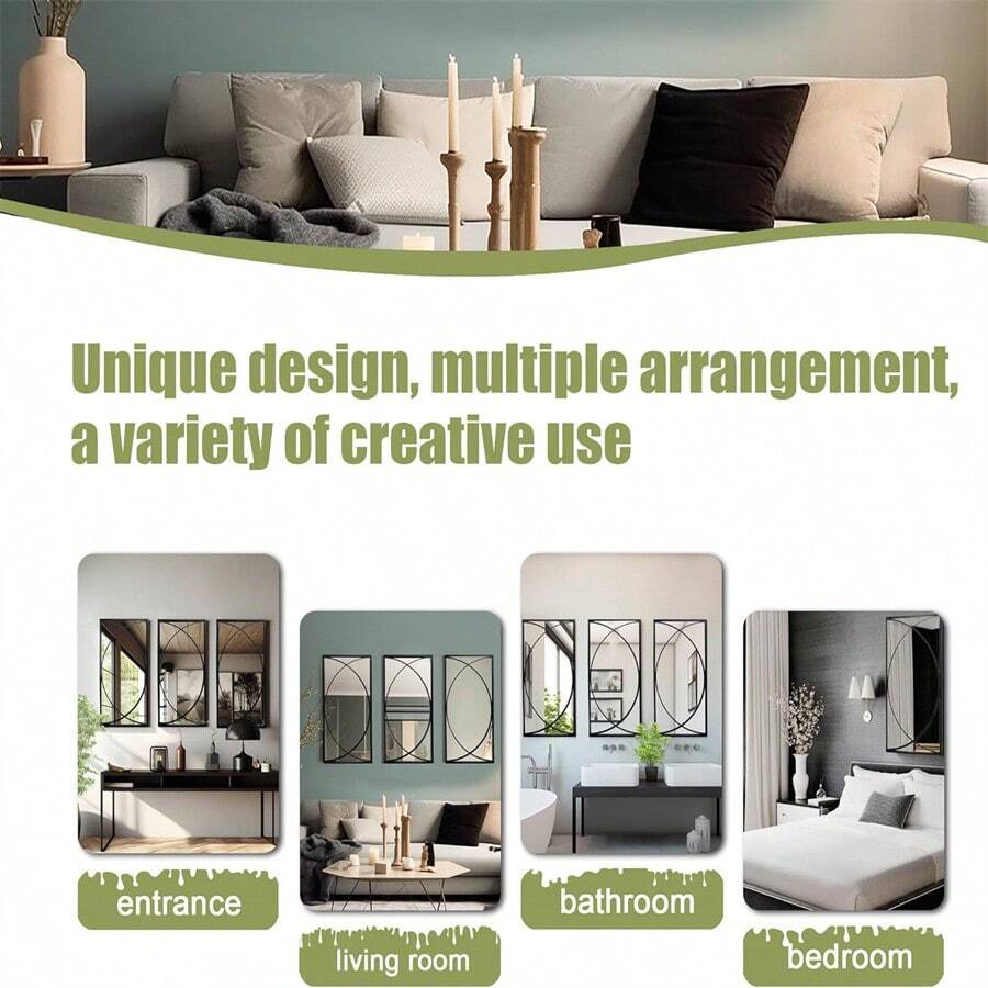 3 Pieces Black Metal Rectangular Wall Mirror Set Large Vanity Mirror