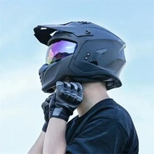 HVA 摩托车头盔复古头盔 Moto 黑色战士组合头盔全盔半盔巡航头盔越野摩托车头盔 - 亮黑 - 查看 9
