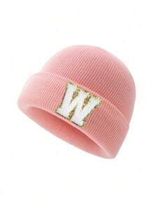 1 件儿童针织帽，带 26 个字母图案，保暖无檐小帽，适合女婴日常穿着 - 粉色 - 查看 51