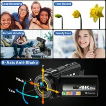 Nicamery 4K 60FPS 48.0MP WiFi 摄像机，带红外夜视功能，3.0 英寸触摸屏，16 倍变焦，6 轴稳定，包括遥控器、2 块电池、32GB 存储卡、遮光罩、三脚架