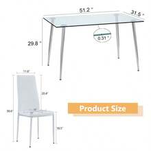 Table And Chair Set.Rectangular Dining Table With Tempered Glass Tabletop And Silver Plating Metal Legs.Paired With 6 Checkered Armless High Back White Chairs With Electroplated Metal Legs. - 白色+玻璃+金屬+6座如圖 - 查看 5
