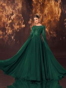 YISIKADO 女士奢华舞会礼服正式晚礼服串珠亮片雪纺长裙圆领开叉袖皇家优雅婚礼晚宴返校 - 墨綠色 - 查看 6